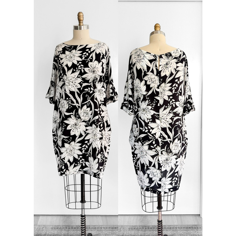 Max Mara Studio Black White Silk Large Floral Shift Dress